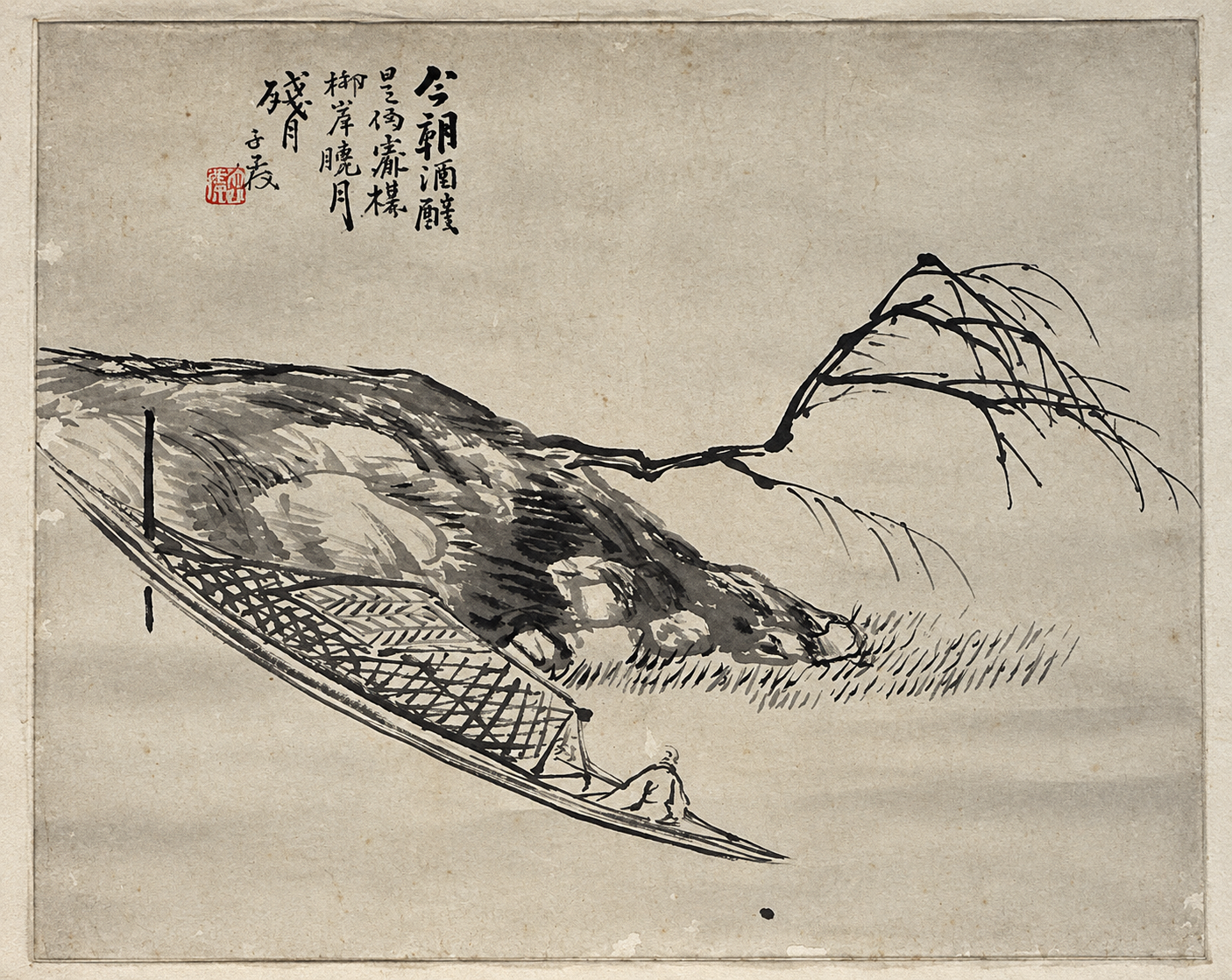 A painting of a boat and willow bank, photographed at Lingyin Temple, Hangzhou